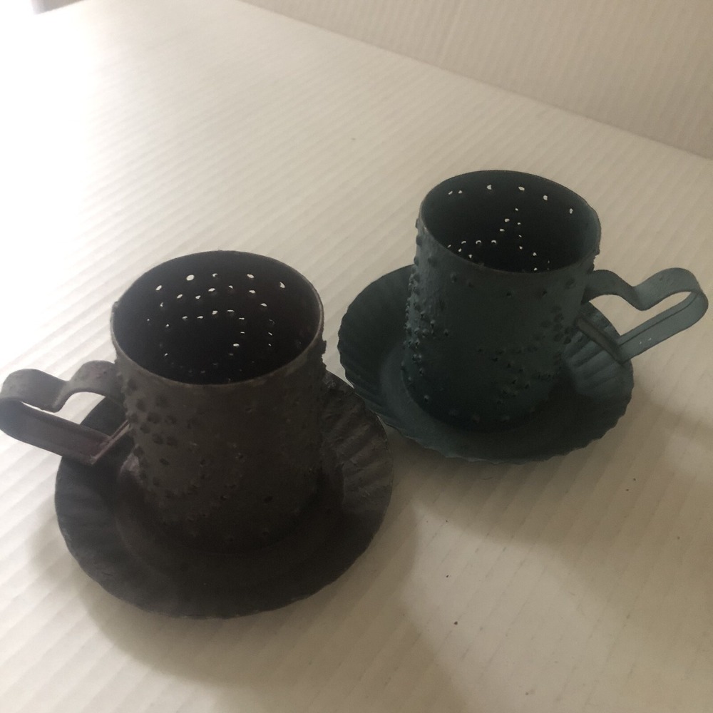 Nail Punched Metal Candle Holders Set Of 2 Vintage Heart Shaped Handle